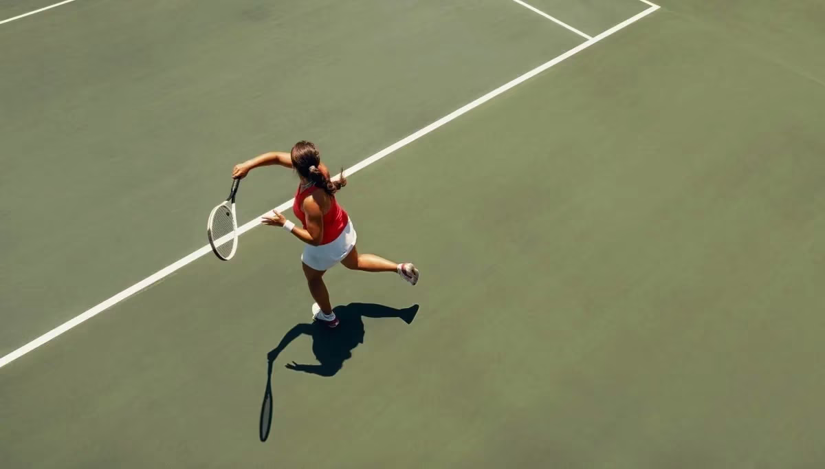 Aerial view of female tennis player executing a forehand on court