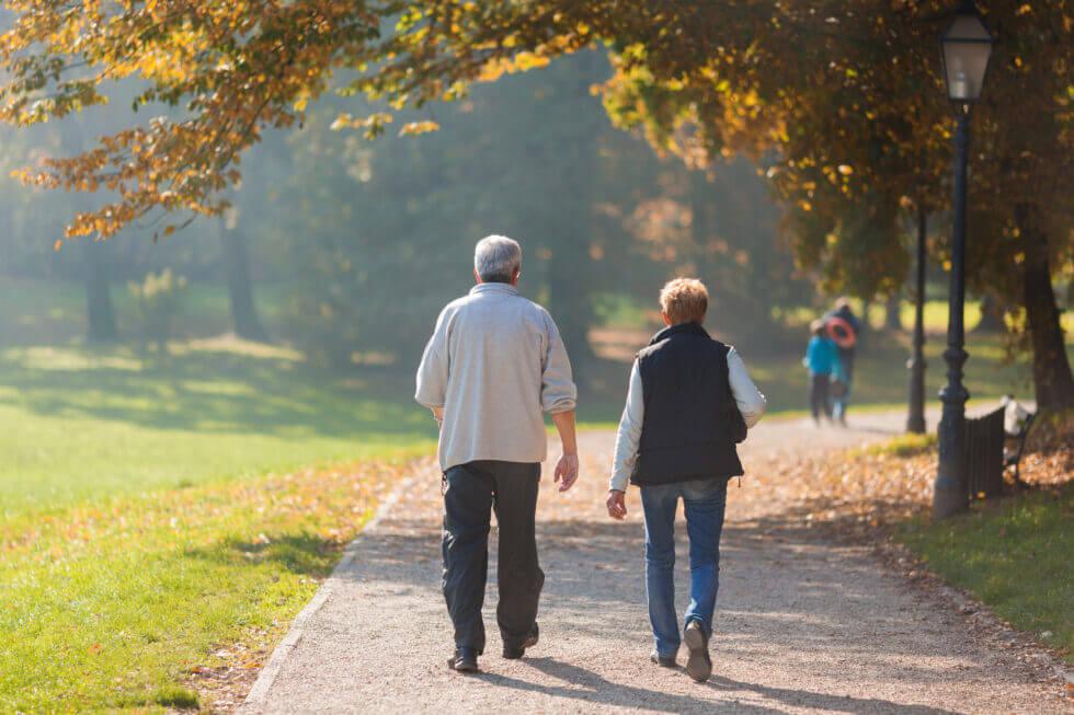 Senior citizen couple taking a walk in a park.