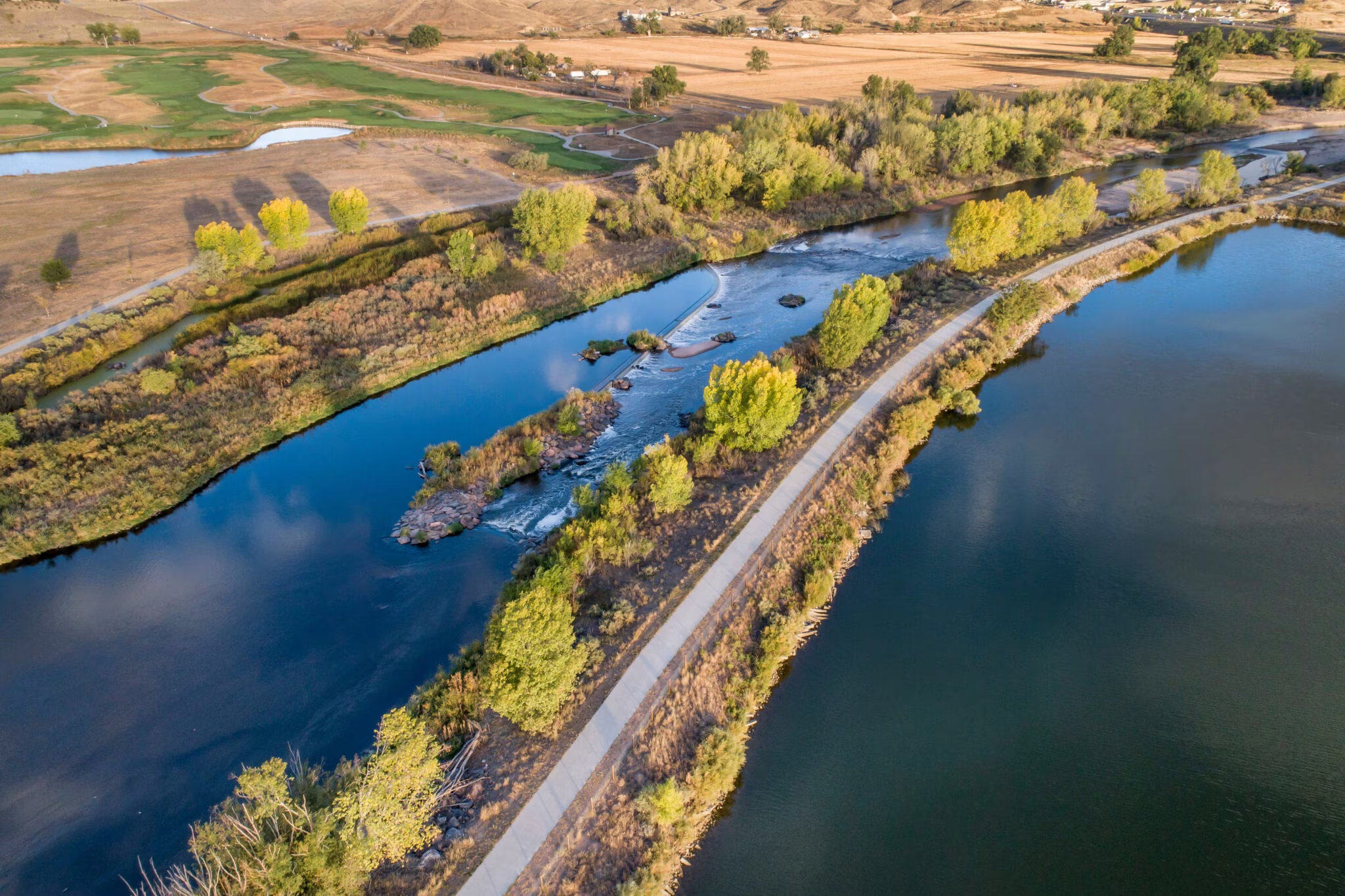 The South Platte River with bike trail below Denver in northern Colorado.