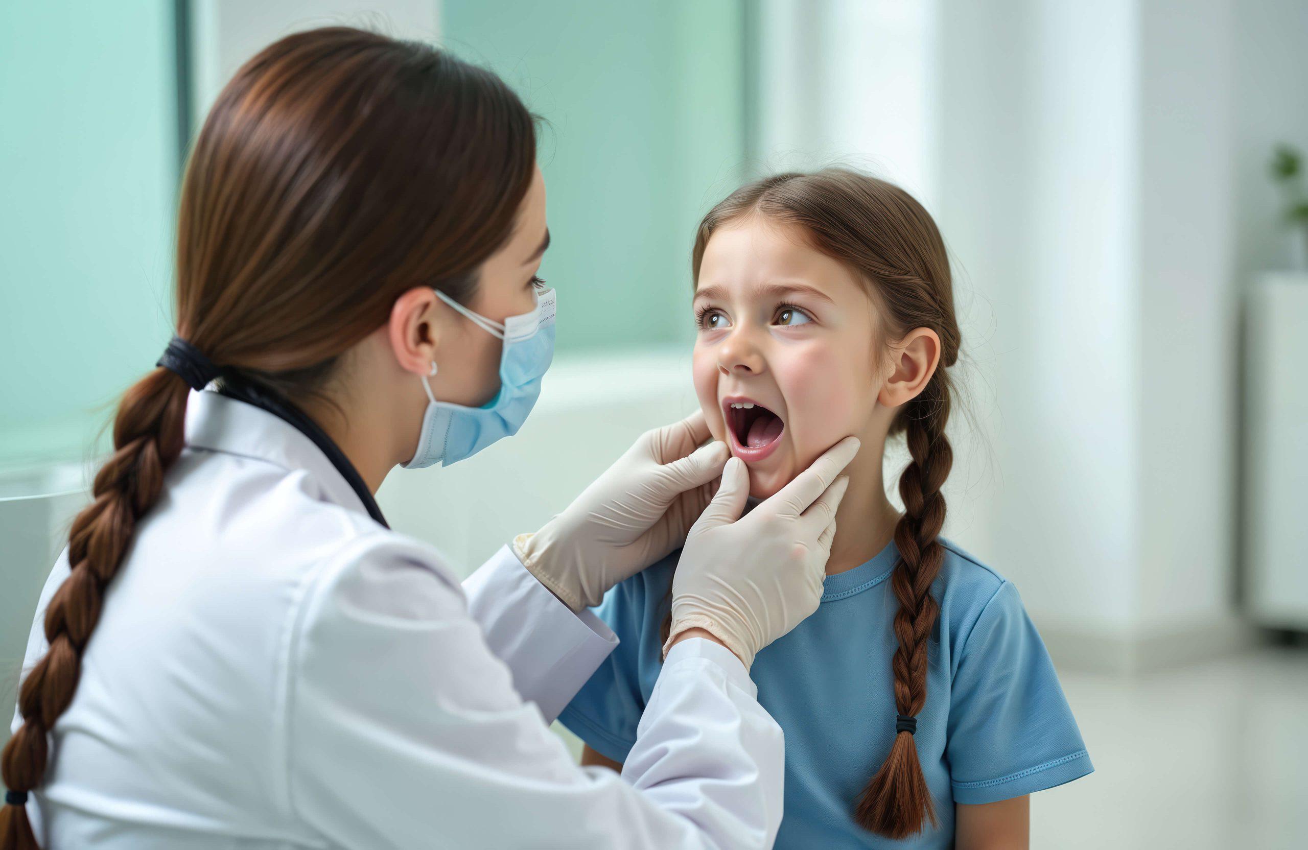Doctor examines child with strep throat