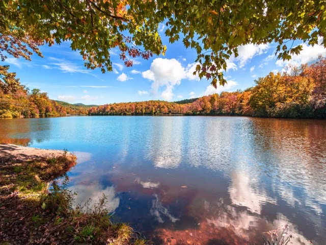 View of Price Lake in Julian Price Park on Blue Ridge Parkway near Blowing Rock, North Carolina in fall season.